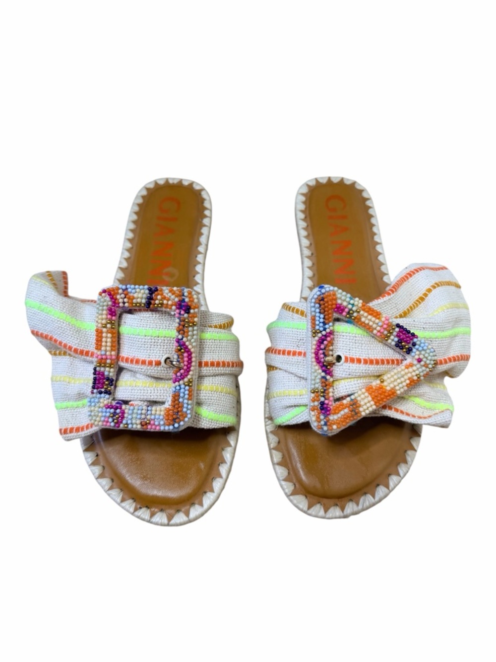 Gianni Bini Jaxon Linen Mismatched Beaded Buckle Sandal.